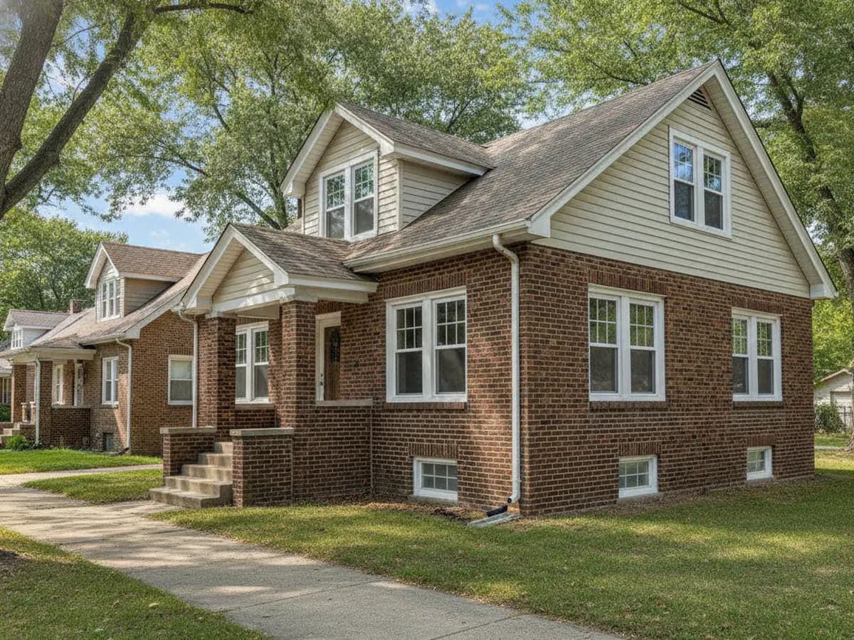 Brick bungalow with new white vinyl double-hung windows