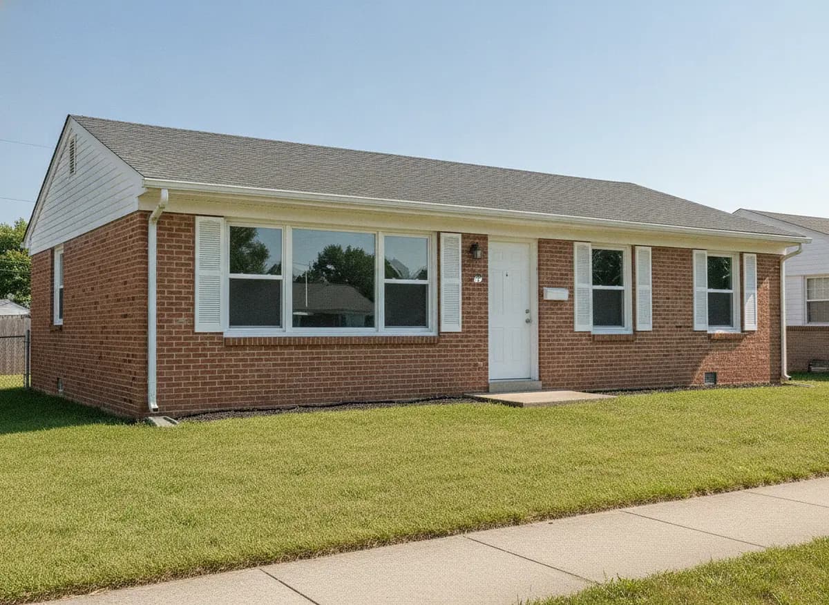 Brick ranch home with a wide picture window and double-hung windows either side