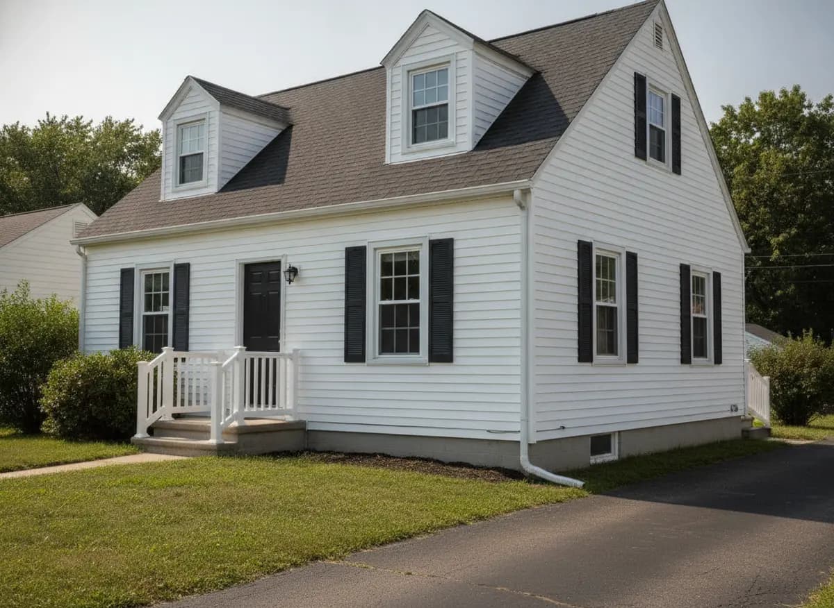 Cape Cod home with white vinyl siding and white replacement windows