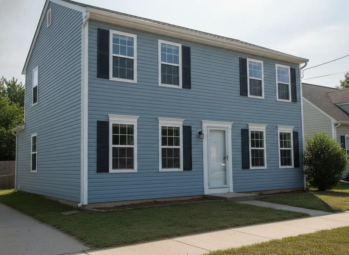 Two-story home with blue-gray vinyl siding and white replacement windows