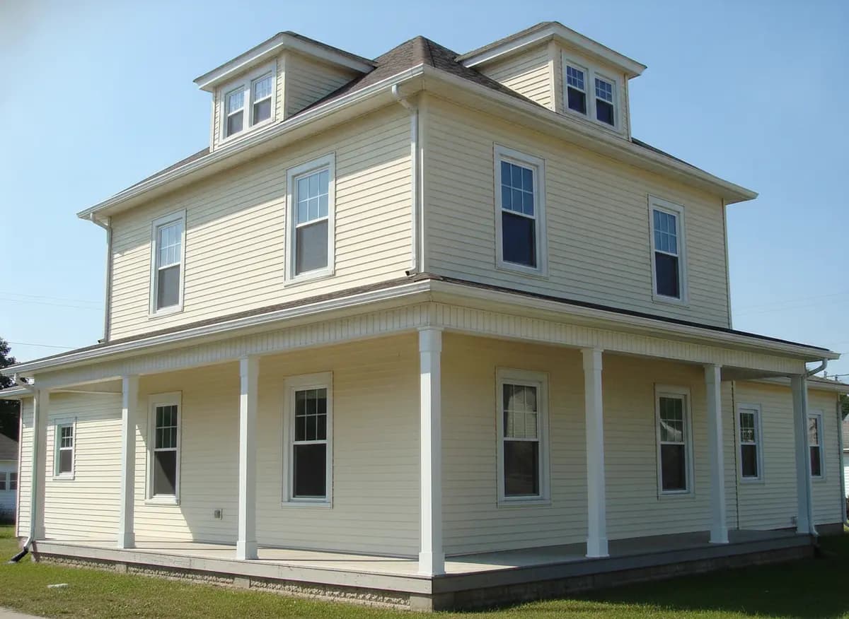 Square two-story home with cream vinyl siding and a full-width front porch