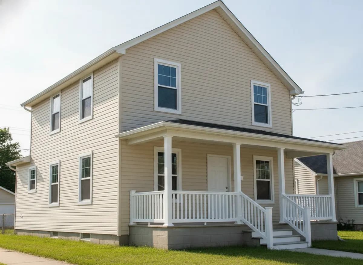 Story-and-a-half home with beige vinyl siding and a covered front porch