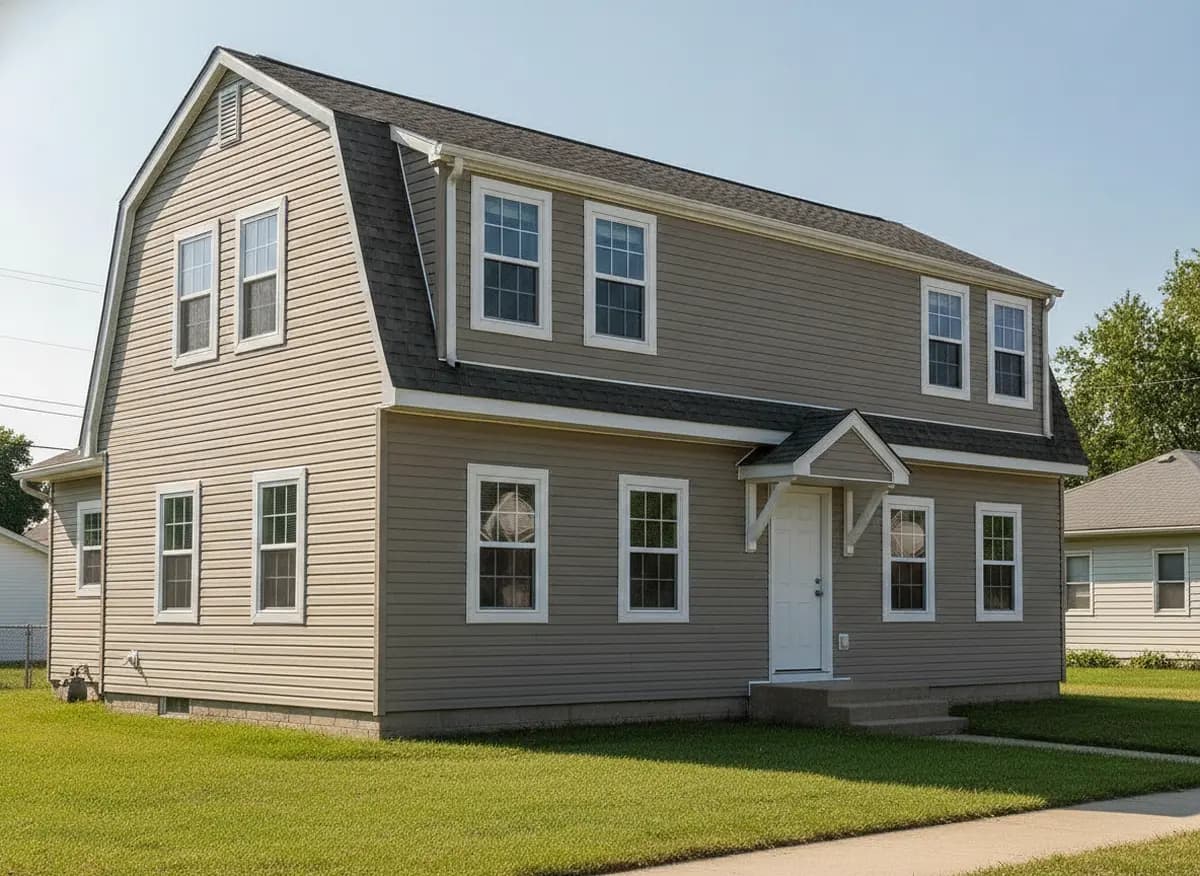 Dutch colonial home with a gambrel roof, warm gray vinyl siding and white replacement windows