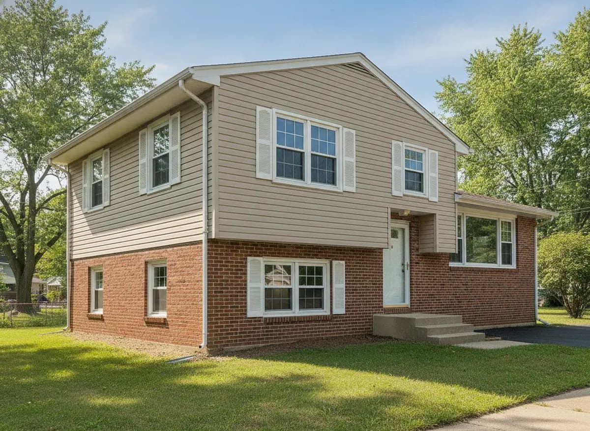 Split-level home with a brick lower level and tan vinyl siding above