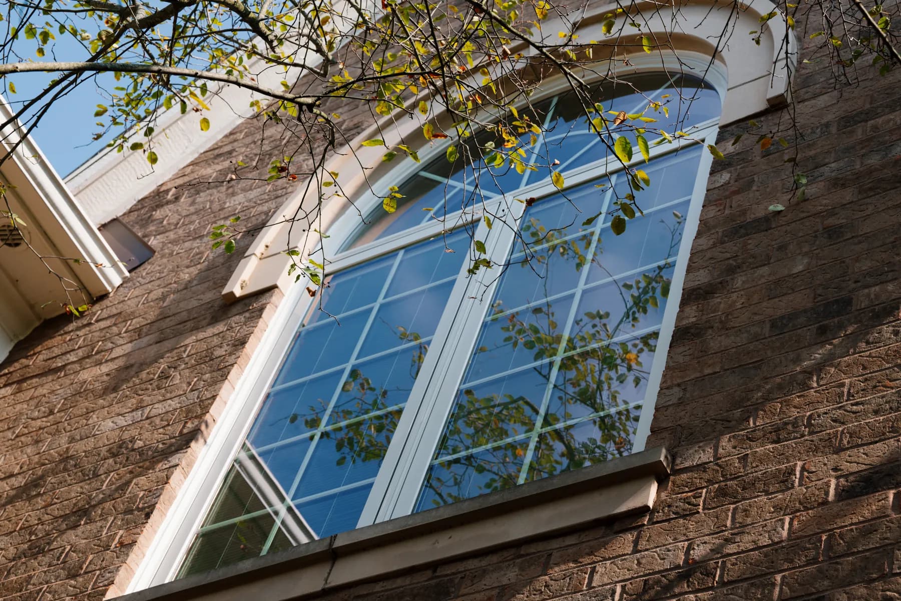 Arched multi-lite window in dark brick, Ann Arbor
