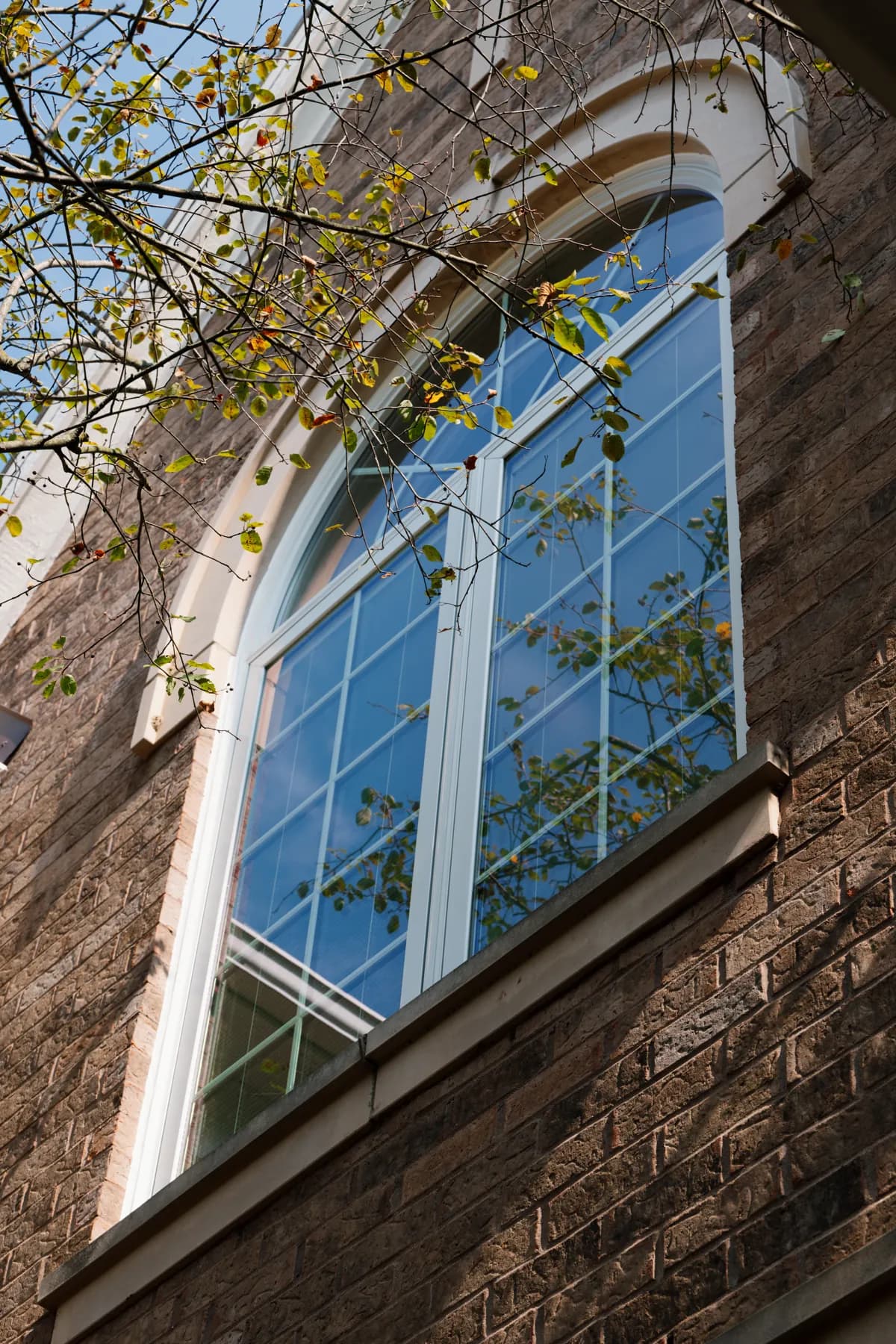 Arched window with colonial grids on an Ann Arbor brick home