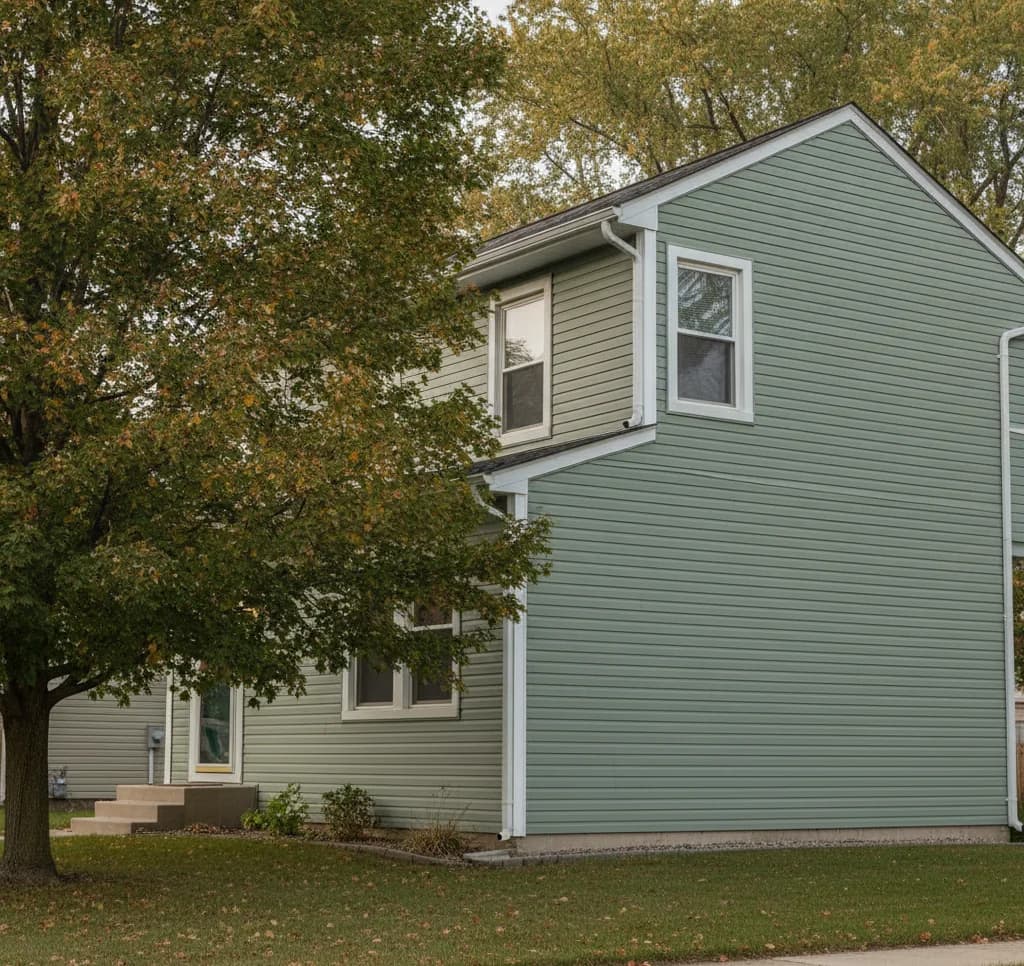 Sage grey vinyl lap siding with white trim on a two-storey home