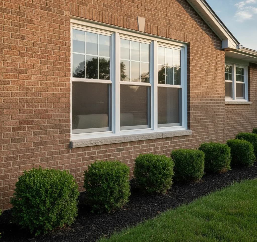 White vinyl double-hung replacement windows set in a brick wall