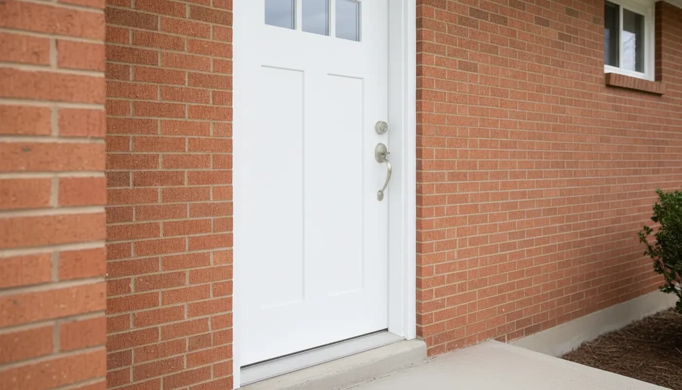 White entry door set in a brick wall