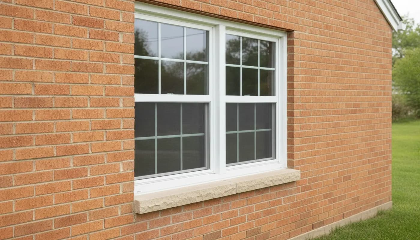 White vinyl double-hung windows set in a brick wall