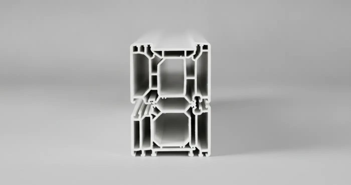 A cut end of a white vinyl window frame profile, showing the small sealed air chambers running inside it