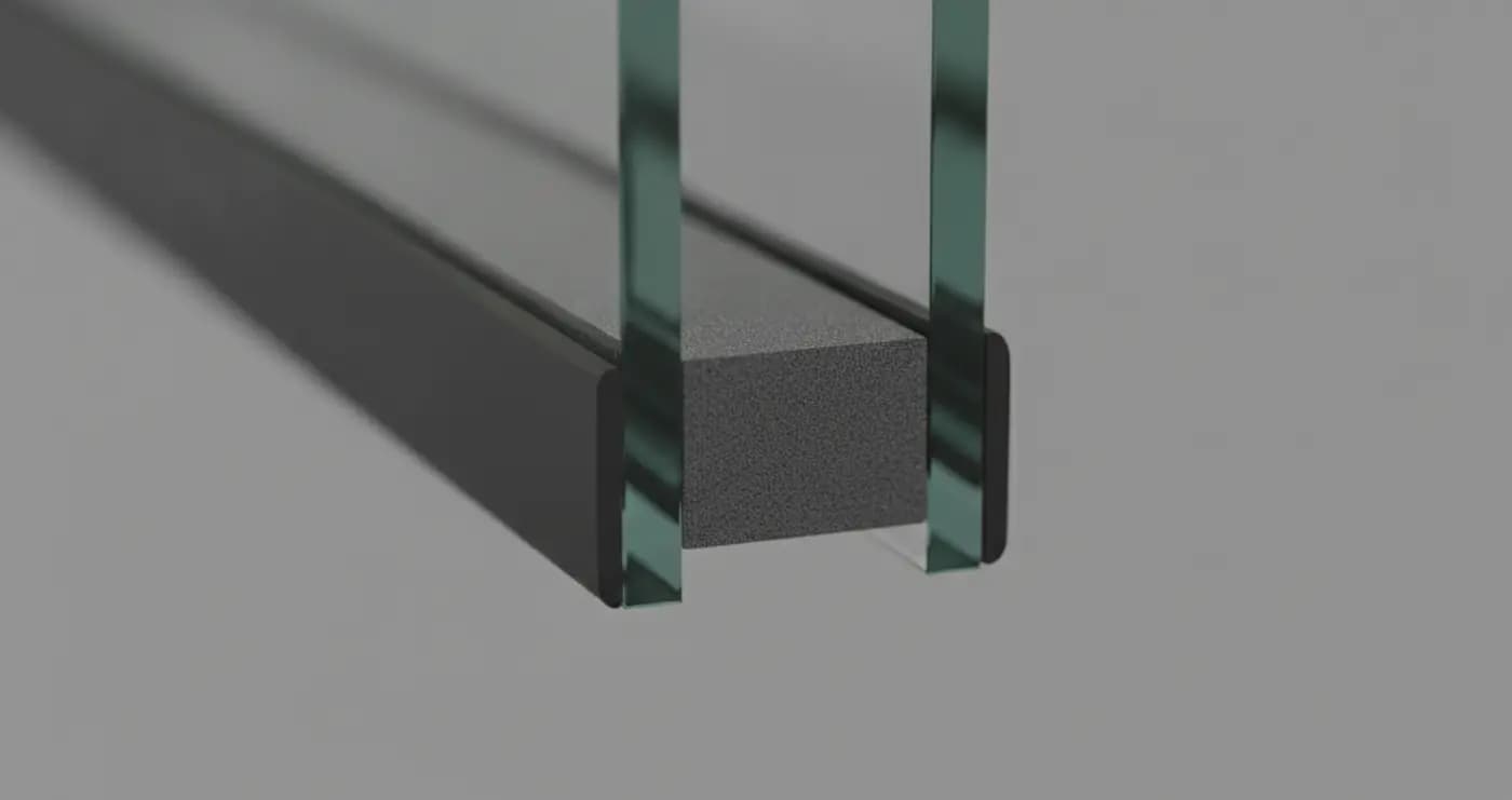 The edge of a sealed glass unit, with the spacer bar sitting in the gap between the two panes