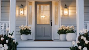 The front porch features elegant pots filled with colorful tulips, warmly lit by lanterns, creating a welcoming atmosphere at dusk. Flowers line the steps, enhancing the charm.